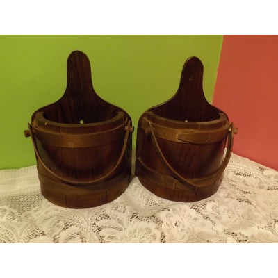 Pair WOODEN WALL POCKET HALF BARREL 10" X 7" Rustic Primitive Country Style    142873826019